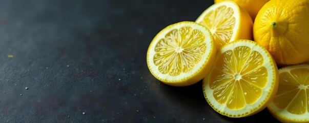Close up of lemon slices arranged elegantly on a black matte surface, slices, citrus, elegant