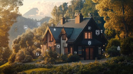 Smart home security system in a mountain landscape.