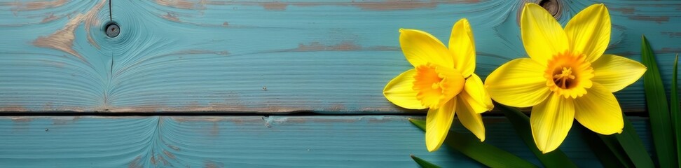Fototapeta premium Close-up of narcissus blooms in full bloom on distressed wood, floral, spring