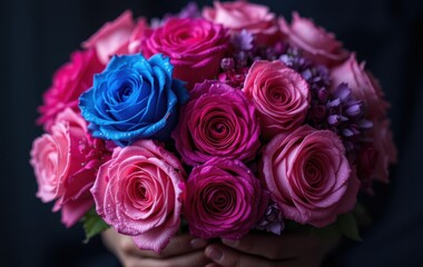 Naklejka premium Beautiful Bouquet Pink Purple Blue Roses Flowers Romance Floral Love Gift Bloom Fresh Image Photo 