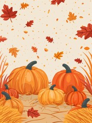 Naklejka premium Drawing of pumpkins and leaves on a fall day