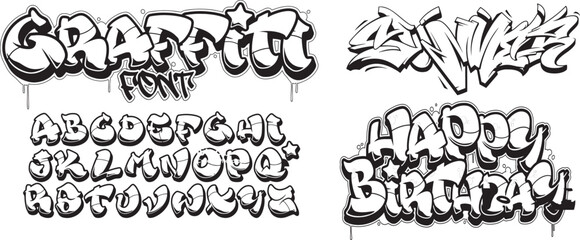 Street culture drawing lettering, graffiti, tags with spray effect street style set