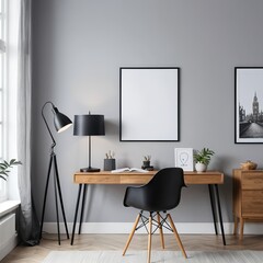 Modern Home Office Workspace with Wooden Desk and Black Chair