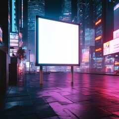 Blank Billboard Cityscape Night Advertisement Space Urban Lighting Neon Glow Future World