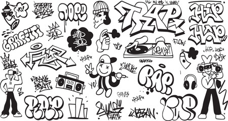 Street culture drawing lettering, graffiti, tags with spray effect street style set
