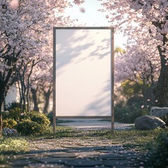 Tranquil Garden Path With Cherry Blossoms And Blank Sign For Promotion Or Advertisement Display