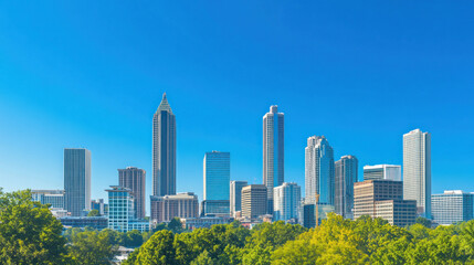 Fototapeta premium Atlanta skyline, including the Bank of America Plaza, in the morning with a clear blue sky.