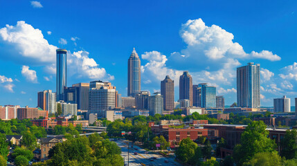 Obraz premium A busy downtown street lined with tall buildings and green trees in Atlanta, Georgia.