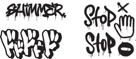 Street culture drawing lettering, graffiti, tags with spray effect street style set
