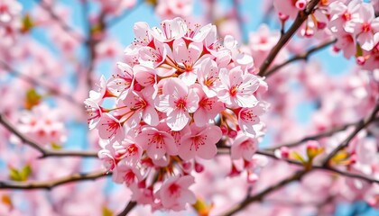 Close-up of delicate pink cherry blossoms in full bloom, signifying the arrival of spring, vibrant, spring