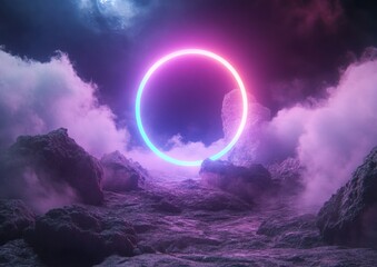 Fototapeta premium Neon circle above rocky terrain with clouds and night sky, ideal for backgrounds
