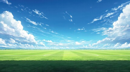 Fototapeta premium Sunny day at a green field with blue sky and white clouds.