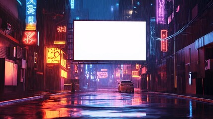 Neon Cityscape Billboard Display Car Reflections Wet Street Futuristic Urban Evening Vibe