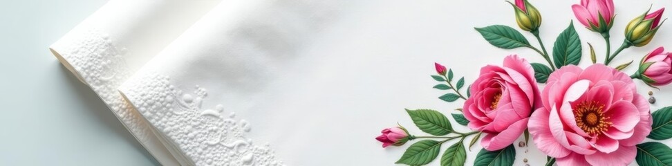 Obraz premium Close-up of folded white paper napkins with elegant floral design, floral, folded