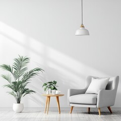 Bright living room with an armchair plants and light fixture