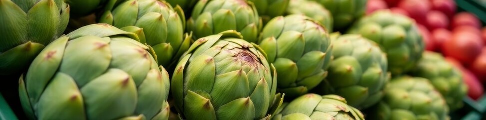 Fototapeta premium Close-up of fresh artichokes on display at farmer's market, market, nutrition, food