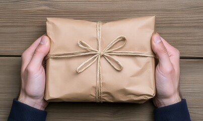Obraz premium Gift Wrapped Package in Hands on Wooden Surface, Present for Special Occasion, Brown Craft Paper with Twine Bow, Unboxing Experience, Minimalist Style