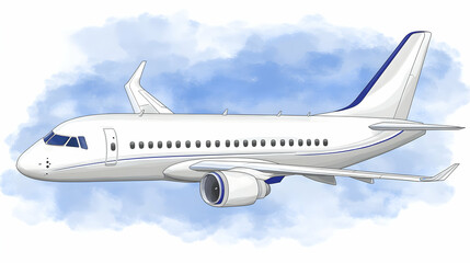 Fototapeta premium Elegant white passenger jet airplane soaring through a light blue sky, cartoon illustration.