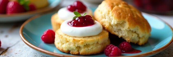 Close up of freshly baked scones served with dollops of clotted cream and raspberry jam on a blue ceramic plate, delicious, pastry