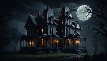Haunted Victorian Mansion at Night