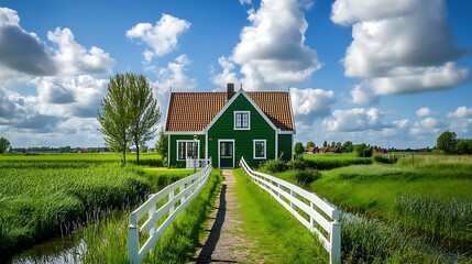 Wooden bridge leading to a green house in the countryside