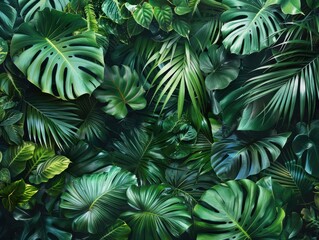 Lush green jungle with many leaves and vines