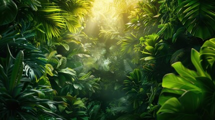 Fototapeta premium Lush green jungle with sunlight shining through the trees
