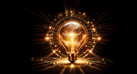 A brilliant lightbulb radiates golden light in the darkness.  Abstract glowing lines and particles surround the bulb, symbolizing bright ideas and innovative concepts in a digital space.