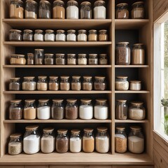 Organized Pantry with Glass Jars of Dry Goods