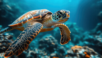 Fototapeta premium An underwater scene featuring a sea turtle swimming gracefully in the deep blue ocean, surrounded by colorful coral reefs and rocks.