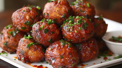 Haitian akra malanga fritters spicy sauce stacked in pyramid on white ceramic plate