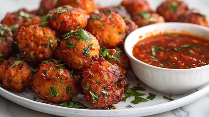 Haitian akra malanga fritters spicy sauce stacked in pyramid on white ceramic plate