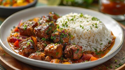Haitian griot fried pork rice and pikliz plated beautifully on white ceramic slightly zoomed out clean shot