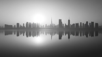 Dubai Skyline Sunrise Reflection Silhouette