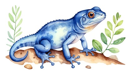 Fototapeta premium Blue Lizard on Rock with Greenery