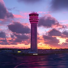 Obraz premium A vibrant airport control tower illuminated at sunset, showcasing its architectural design.