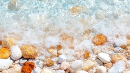 Obraz premium Ocean waves lapping gently on a colorful pebble beach