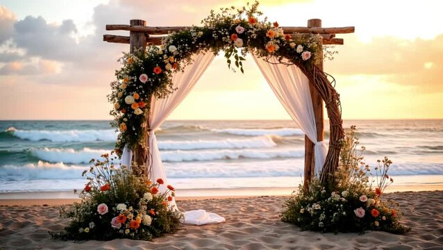 Beautiful wedding arch adorned with flowers on a beach at sunset