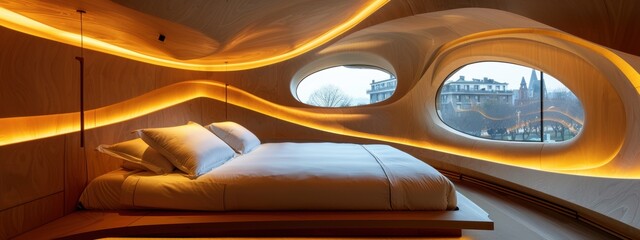 Fototapeta premium Bed with two pillows and a white sheet is in a room with a view of the city