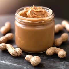 Delicious Creamy Peanut Butter in Jar with Peanuts