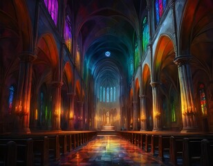 Fototapeta premium Majestic Cathedral Interior with Stained Glass and Candlelight