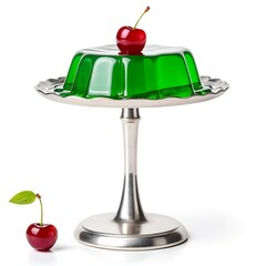 Green Jelly with Cherries on Silver Cake Stand