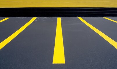 Vivid Yellow Parking Lines on Smooth Asphalt Surface Against Bold Yellow and Black Wall, Perfect for Urban and Modern Design Concepts in Photography