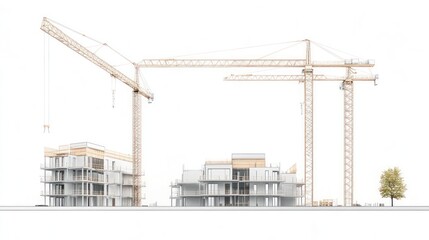 Construction site cranes and building blueprint