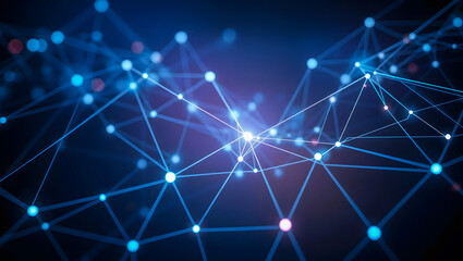 Fototapeta premium Digital technology tech blue connect dot network background in cyber landscape with abstract glowing blue grid data network, perfect for AI, blockchain, big data, and cybersecurity themes.