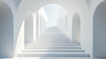 White arched pathway, stairway to light, minimalist architecture, interior scene, stock photo