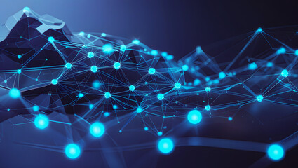 Obraz premium Digital technology tech blue connect dot network background in cyber landscape with abstract glowing blue grid data network, perfect for AI, blockchain, big data, and cybersecurity themes.