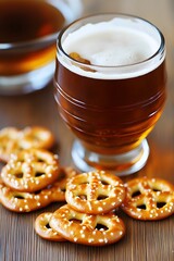 Closeup of Beer Glass and Pretzels on Wooden Table