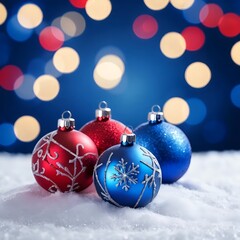 Obraz premium Festive Christmas Ornaments in Snow with Bokeh Lights