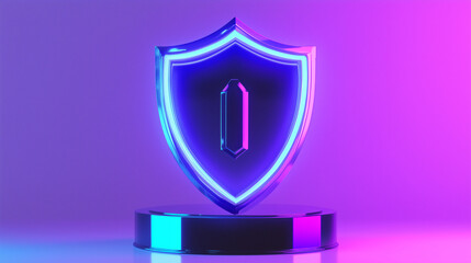 Futuristic Neon Shield Icon: Cybersecurity Symbol in 3D with Holographic Display and Vibrant Purple